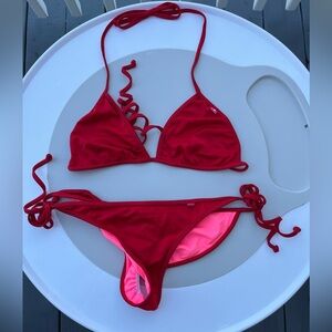 Doll brand shimmery red bikini with ruched cheeky bottom sz L